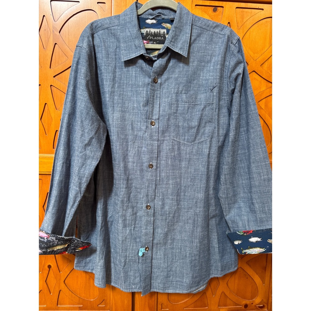 Pladra Mens XL Blue Chambray Button Down Shirt Trout Fish Print Cuffs Rugged